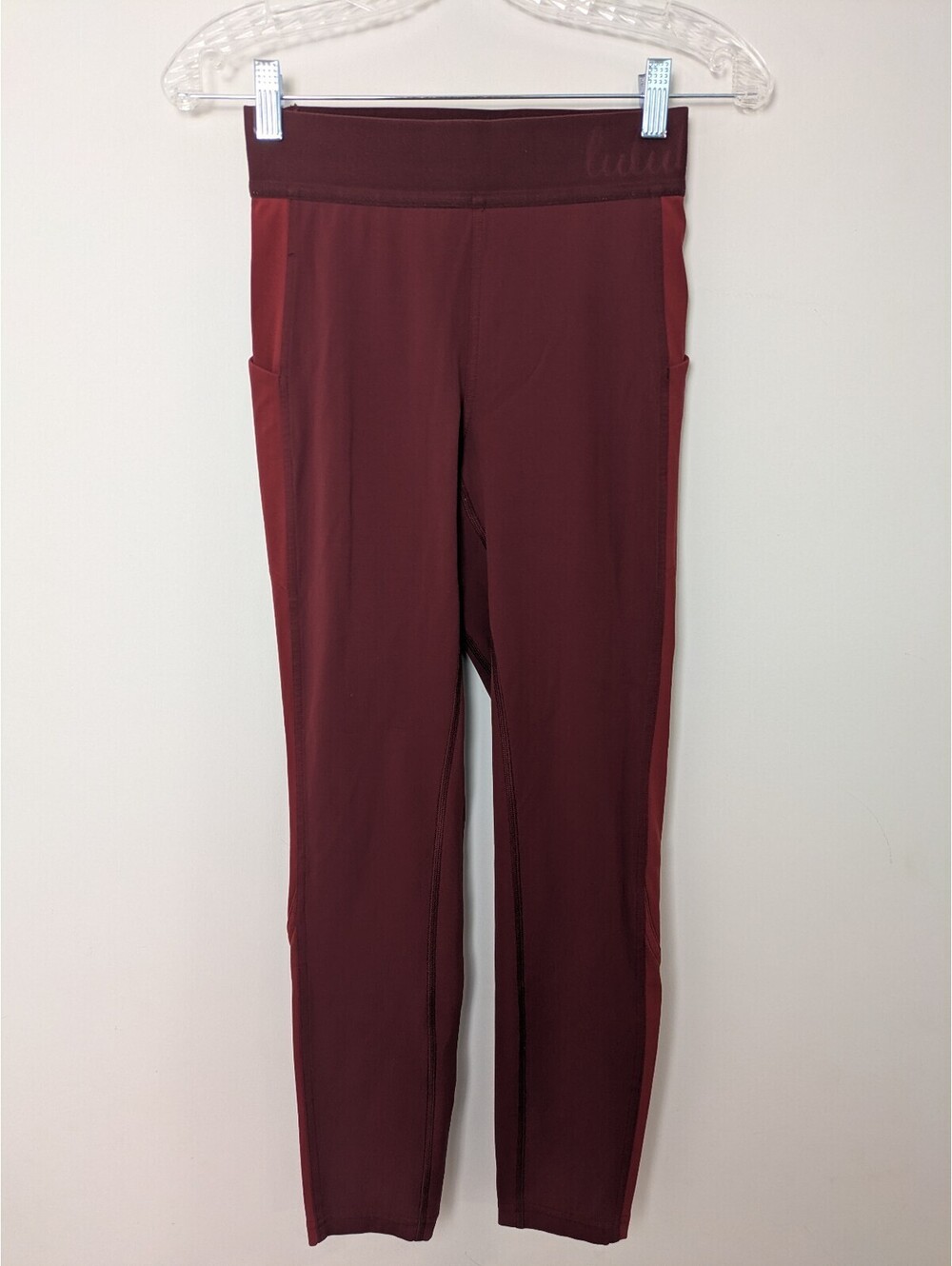 Lululemon Maroon Red Colorblock High Rise Pocket Leggings Script Waistband Sz S